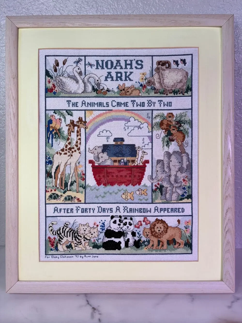 Vintage Framed Noahs Ark Cross Stitch Open Frame Nursery Art Sampler